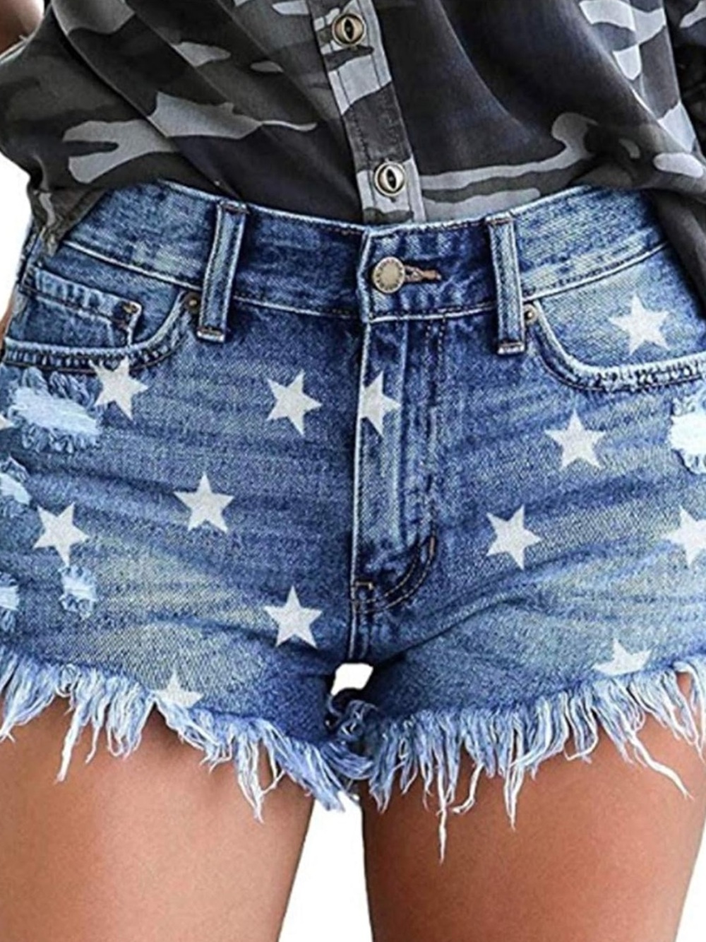 🎉New Star Print Frayed Denim Shorts - Blue